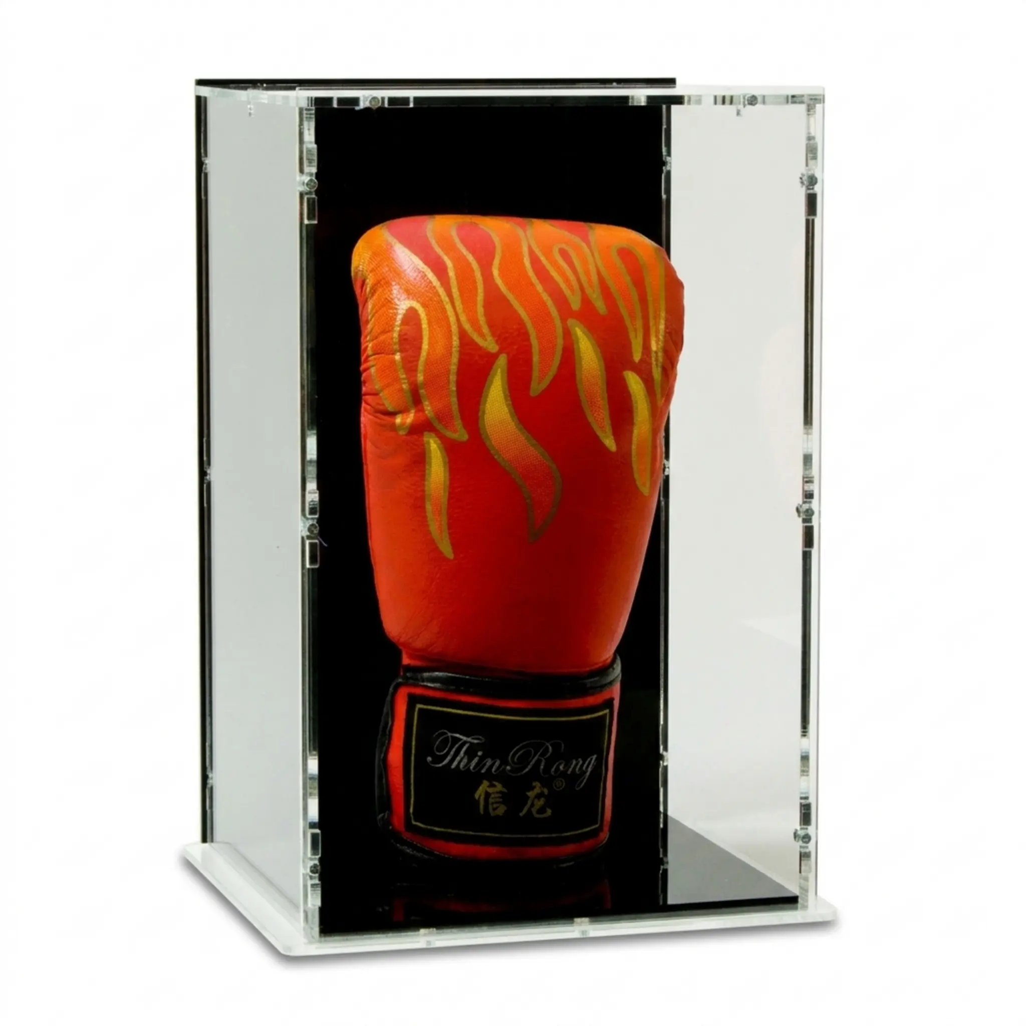 Boxhandschuh Vitrine mit schwarzem Boden, schwarzer Rückwand und Boxhandschuh-Ständer - stehend