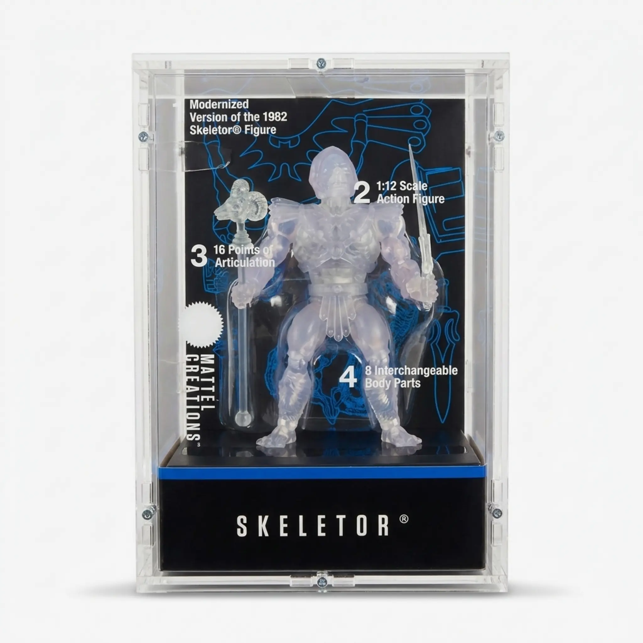 MotUO Origins - Skeletor - Mattel Creations Clear Case - B 159 x T 106 x H 234 ohne Rahmen und ohne