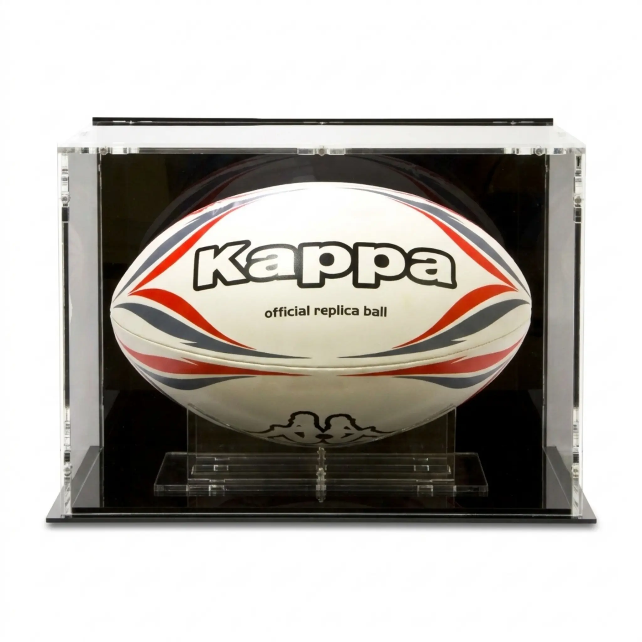 Rugbyball Vitrine mit schwarzem Boden und schwarzer Rückwand für Größe 5
