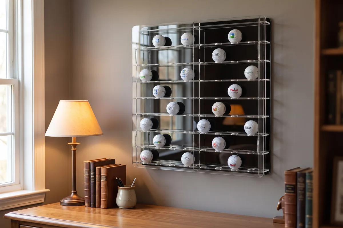 Golfballvitrine nach Maß mit schwarzer Rückwand an der Wand