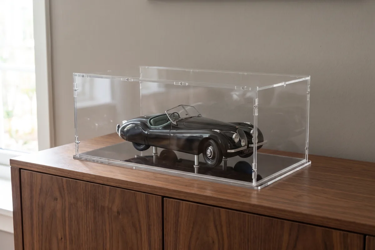 Acrylhaube nach Maß über einem Modellauto auf einem Sideboard