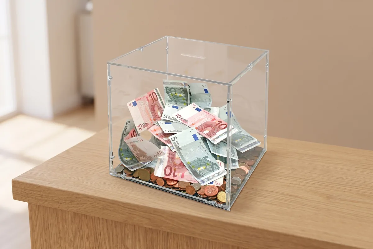 Acryl-Spendenbox nach Maß mit Einwurfschlitz, gefüllt mit Geld