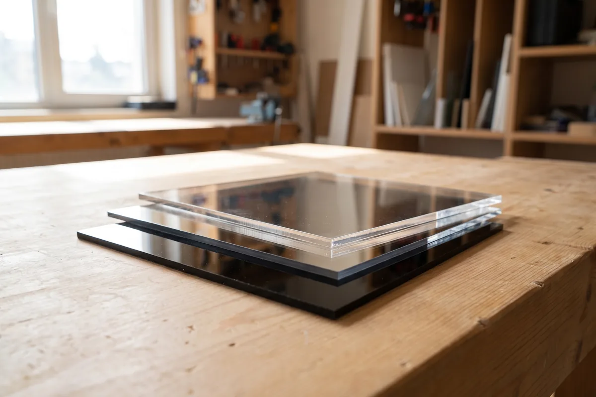 Drei rechteckige Acrylzuschnitte: transparent, verspiegelt und schwarz