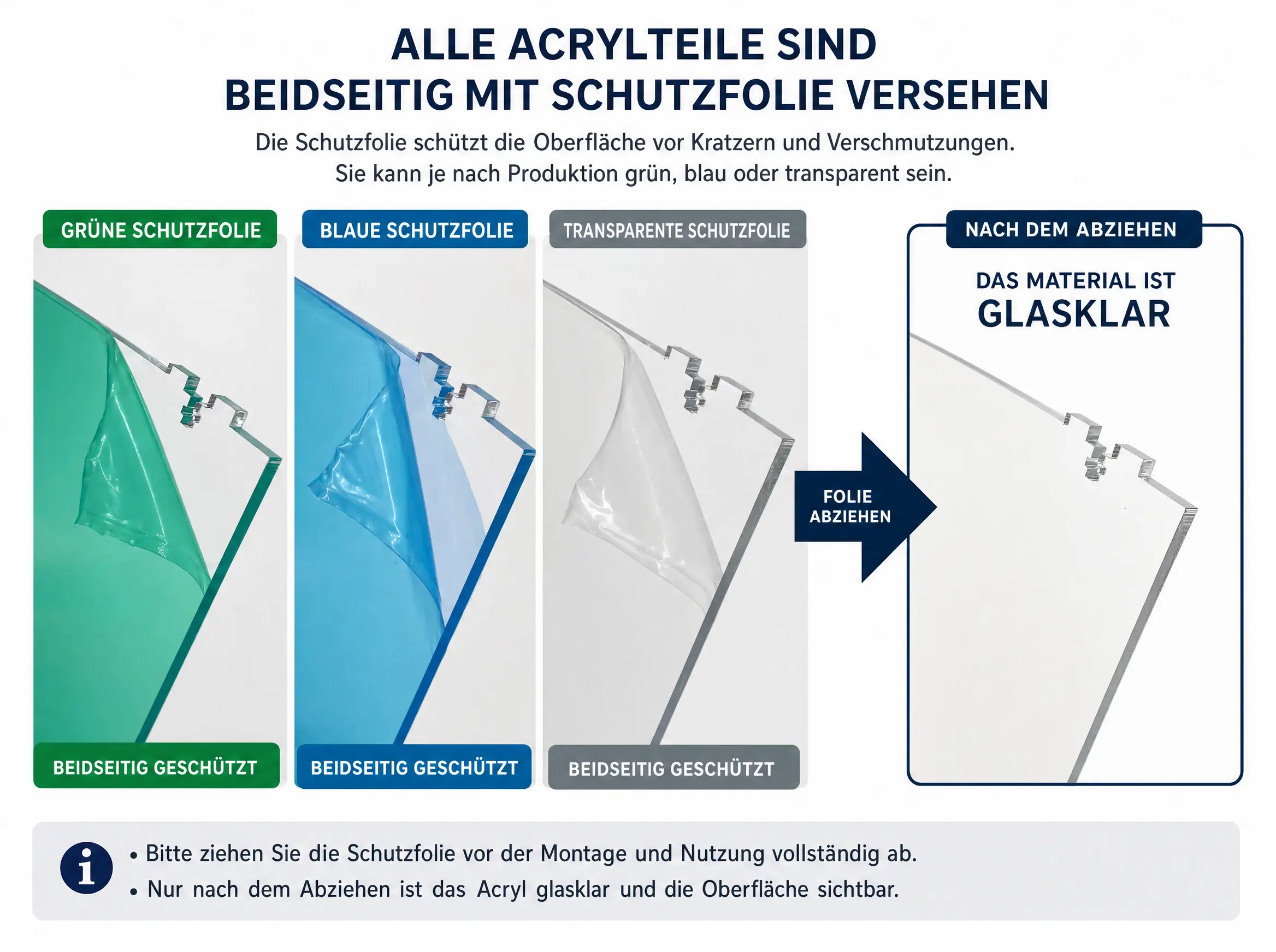 Schutzfolie wird von Acrylplatte abgezogen, kristallklares Acryl darunter sichtbar