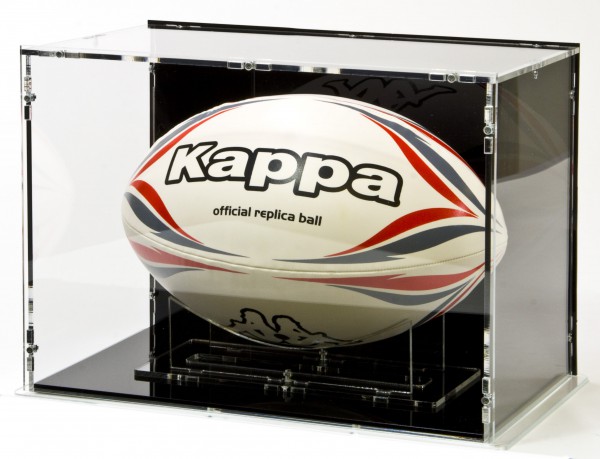 Rugbyball Vitrine mit schwarzem Boden und schwarzer Rückwand für Größe 5 Bild 1