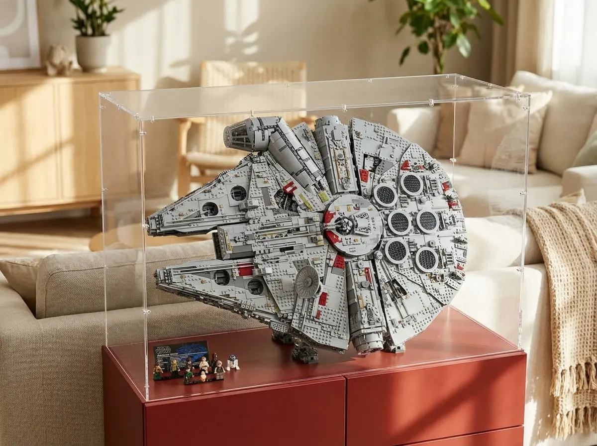 Große Sora-Übergrößen-Haube über Lego Star Wars UCS Millennium Falcon mit Mini-Figuren-Set vor dem Modell
