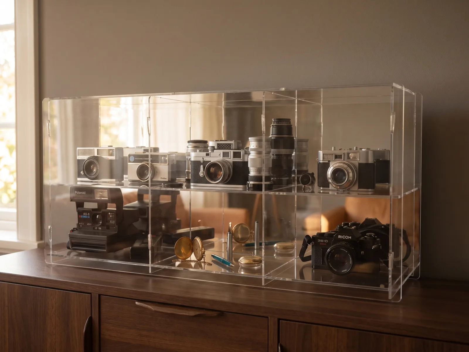 Mehrfachvitrine mit Vintage-Kameras und Taschenuhren auf einem Sideboard