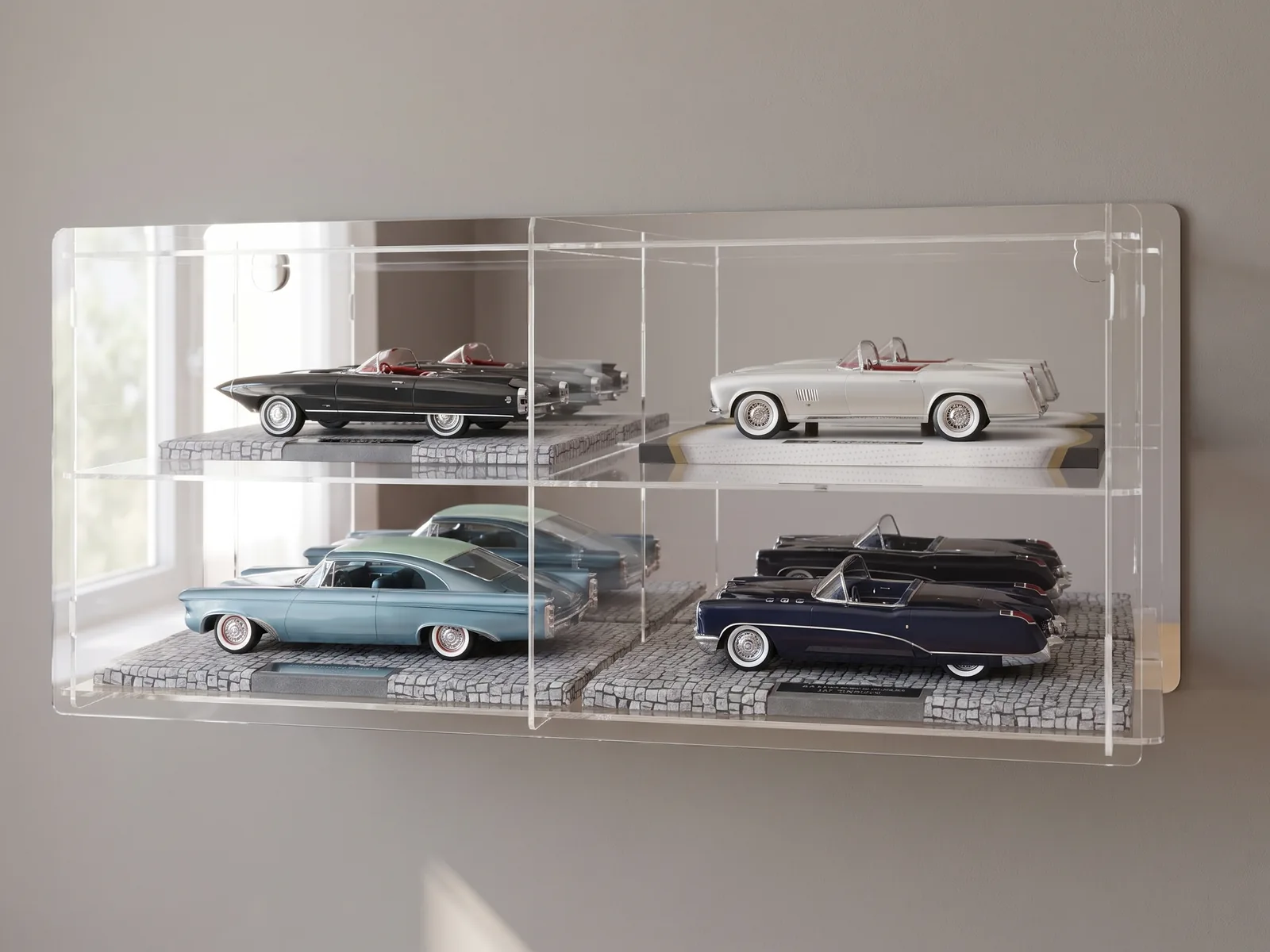 Mehrfachvitrine mit 2 Spalten und 2 Ebenen für Oldtimer-Modellautos auf Dioramen-Sockeln