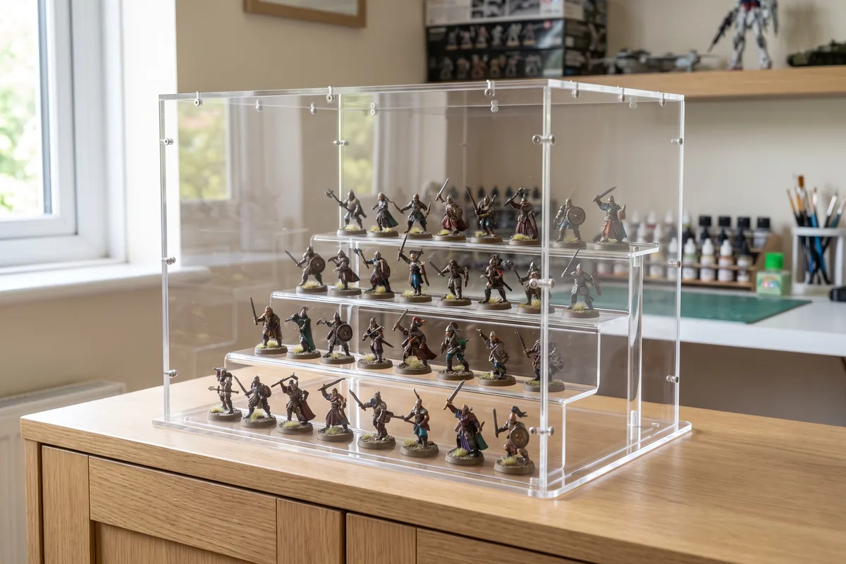 Bemalte Tabletop-Miniaturen gestaffelt auf einer Acryltreppe unter einer Haube