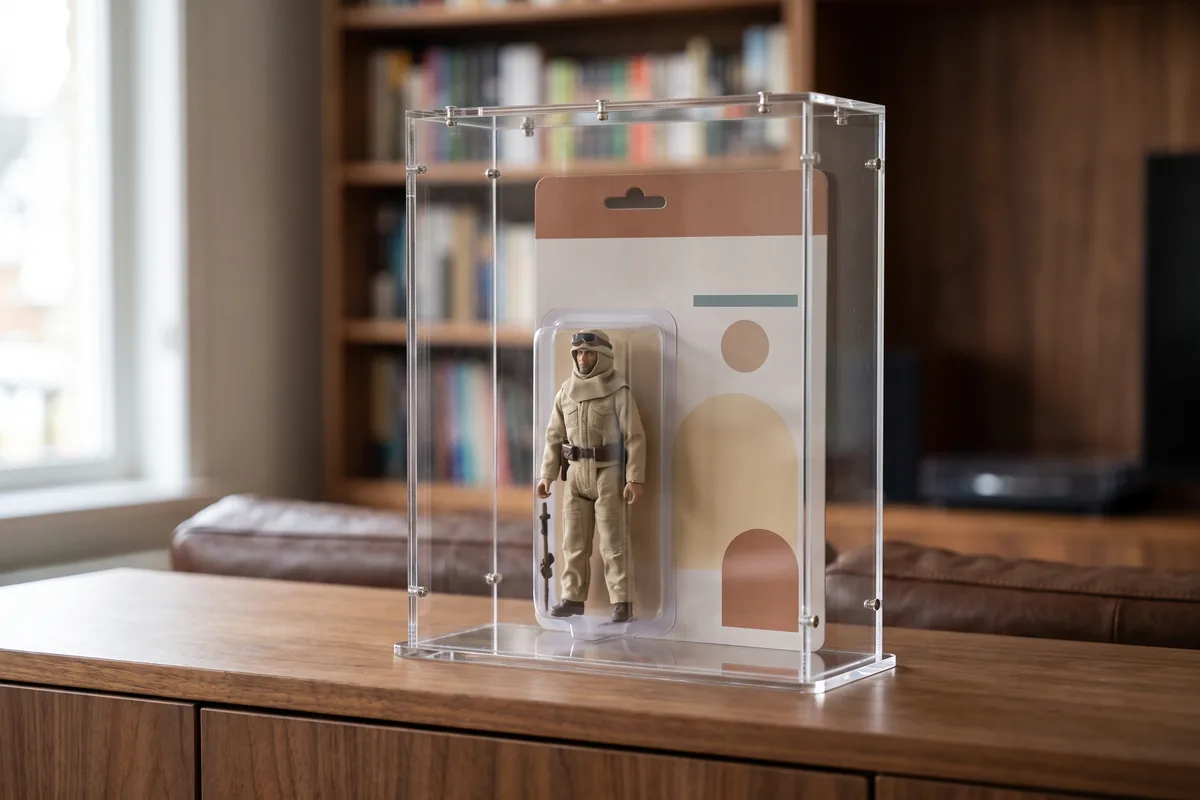Originalverpackte Actionfigur auf Blisterkarte in einem passgenauen Acryl-Case