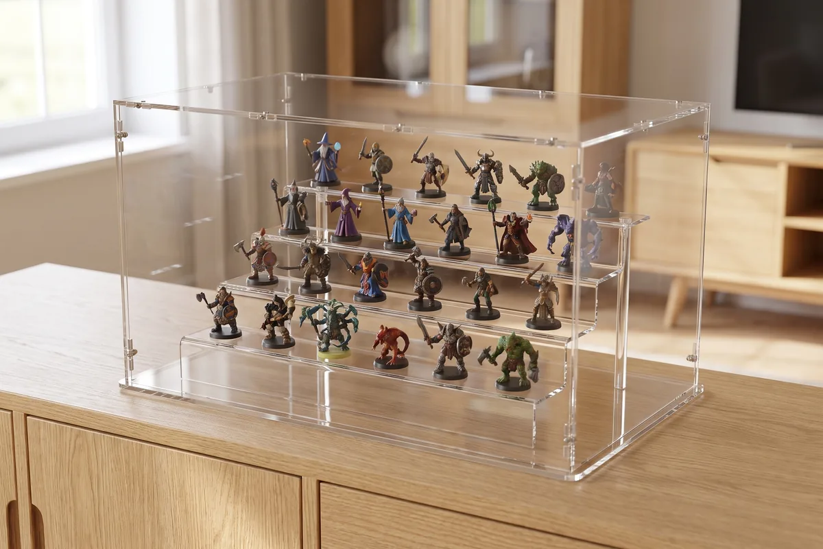 Viele kleine Sammelfiguren gestaffelt auf einer Acryltreppe unter einer Haube