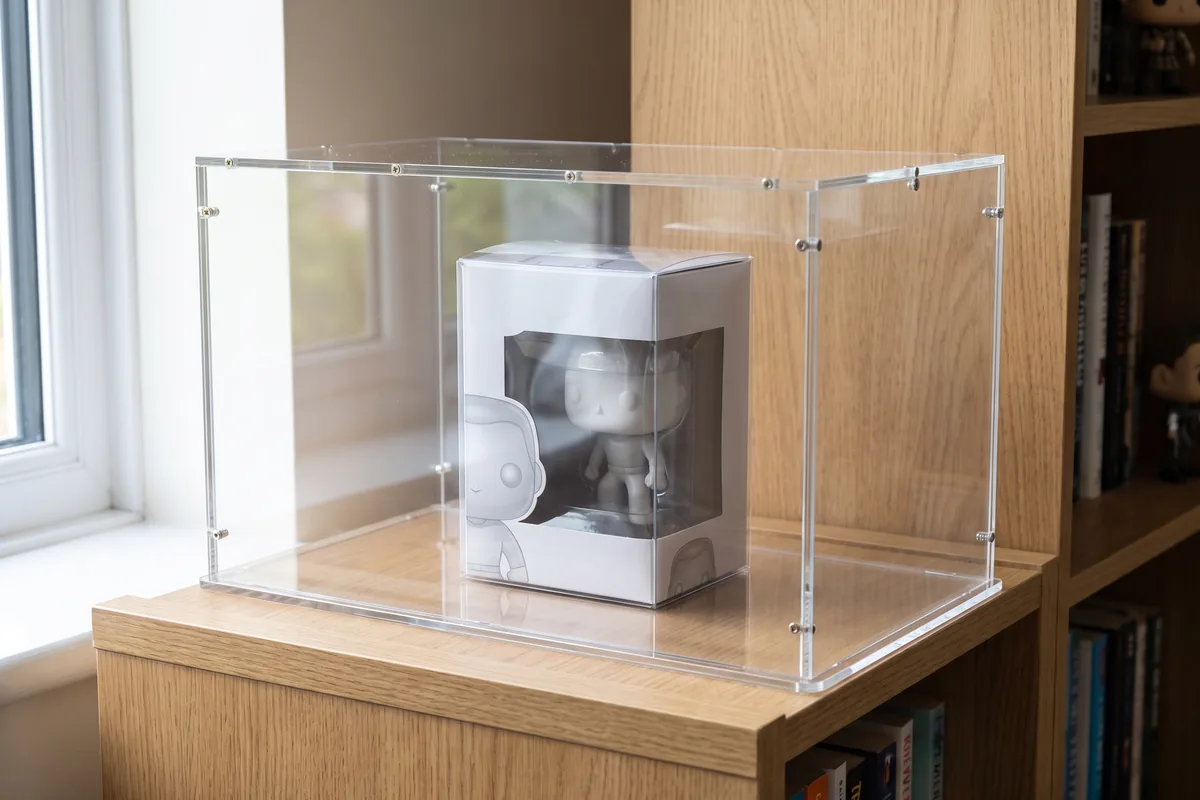 Funko-Pop-Box in einem passgenauen Acryl-Case im Regal