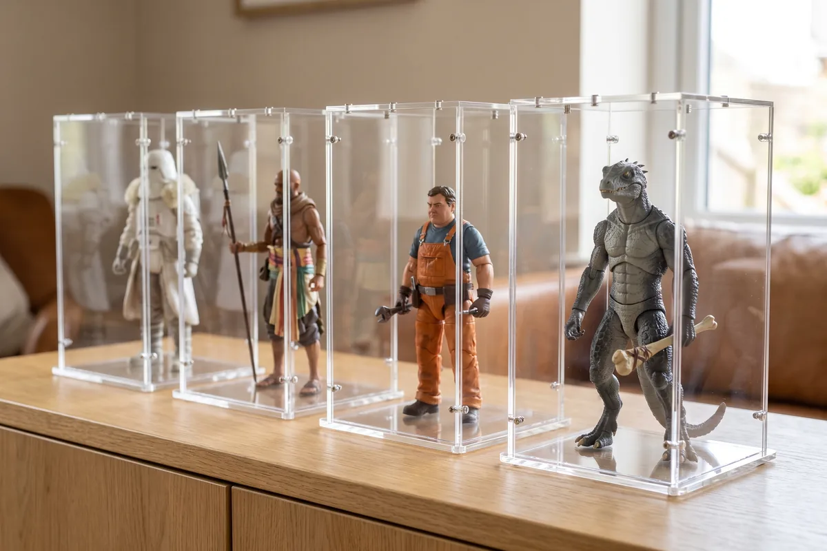 Mehrere 15 cm große Actionfiguren in einzelnen Acryl-Cases nebeneinander
