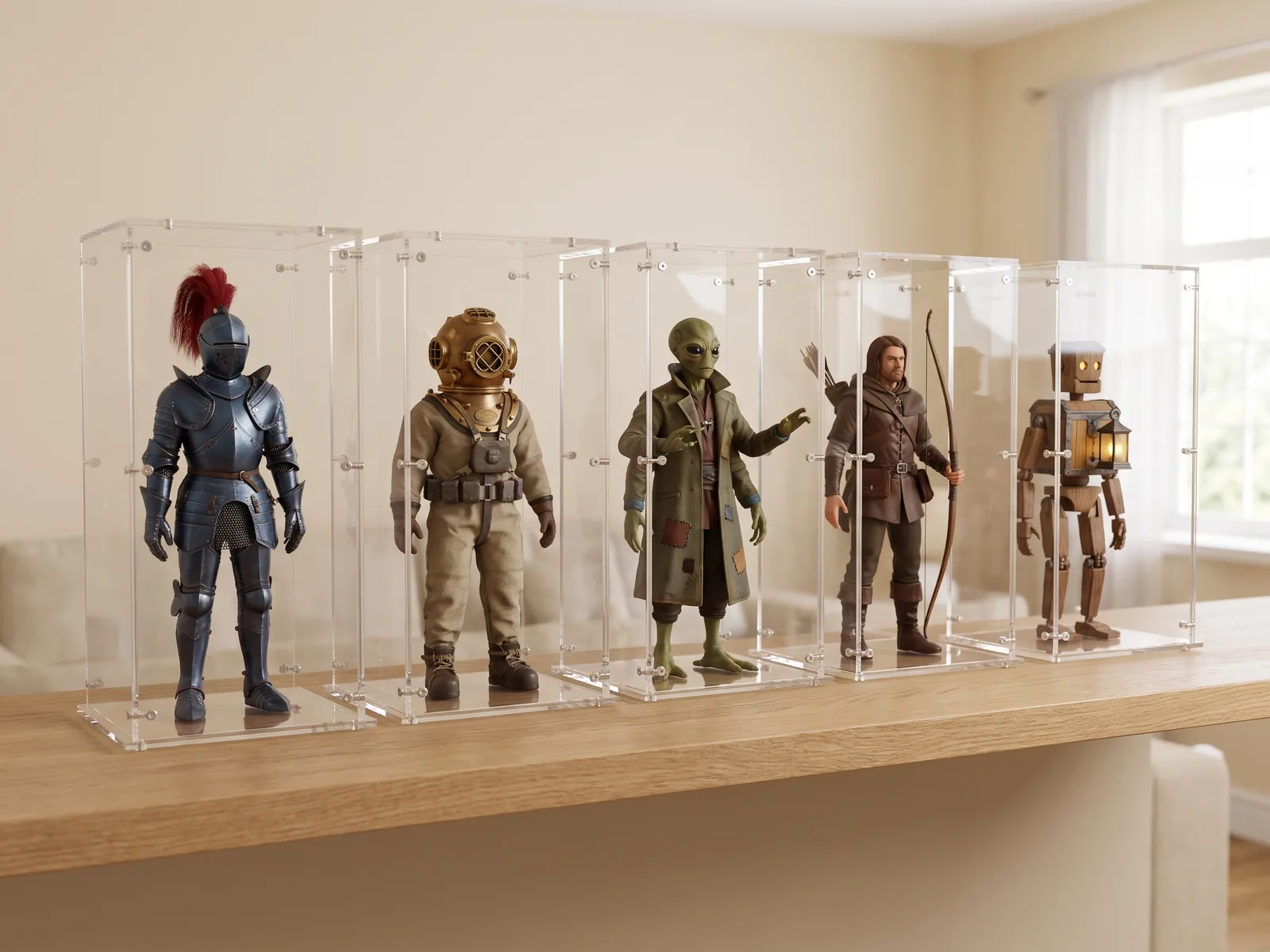 Mehrere Actionfiguren in passgenauen Acryl-Cases nebeneinander in einem Regal