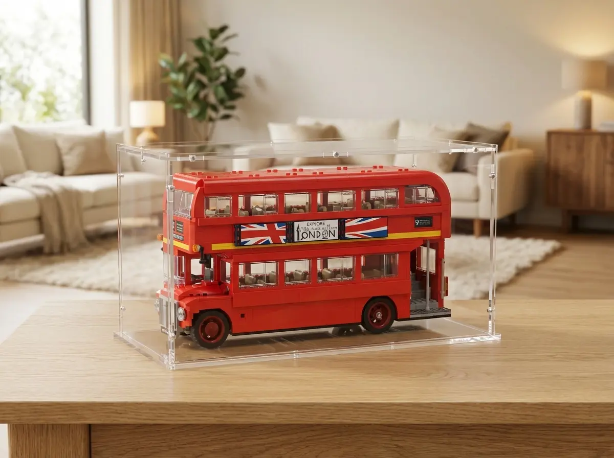 Sora-Acrylhaube über rotem LEGO Creator London-Doppeldeckerbus auf einem Holztisch