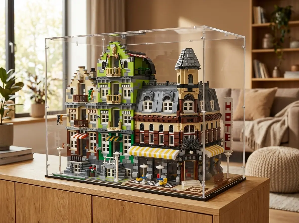 Sora-Acrylvitrine über einem LEGO Modular Building mit detaillierter Fassade auf einem Sideboard