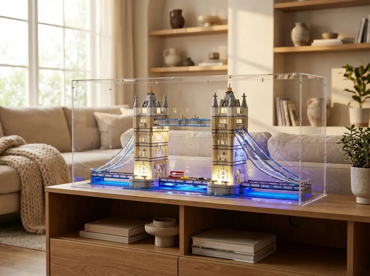 Sora-Maßhaube über beleuchtetem LEGO Tower-Bridge-Modell auf einem Sideboard