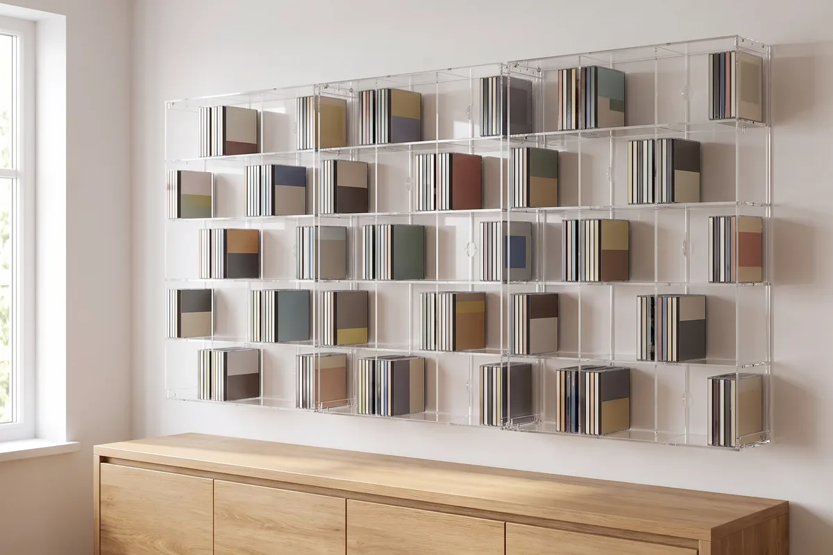 Mehrere transparente CD-Modulregale zu einer durchgehenden Wand verbunden