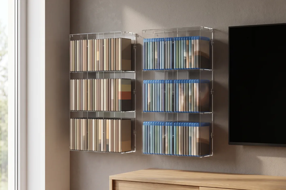 DVD- und Blu-ray-Modulregale aus Acryl nebeneinander an der Wand