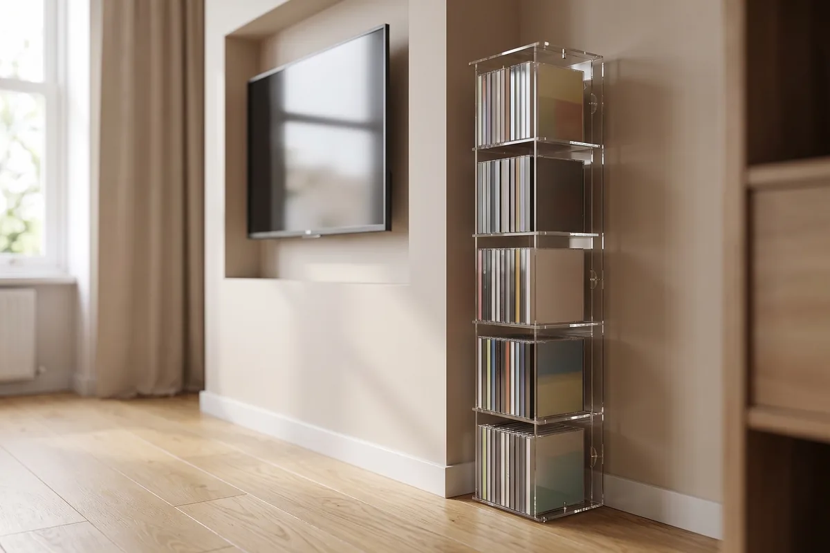 Schmaler Acryl-Tower mit CDs in einer Nische neben dem Fernseher