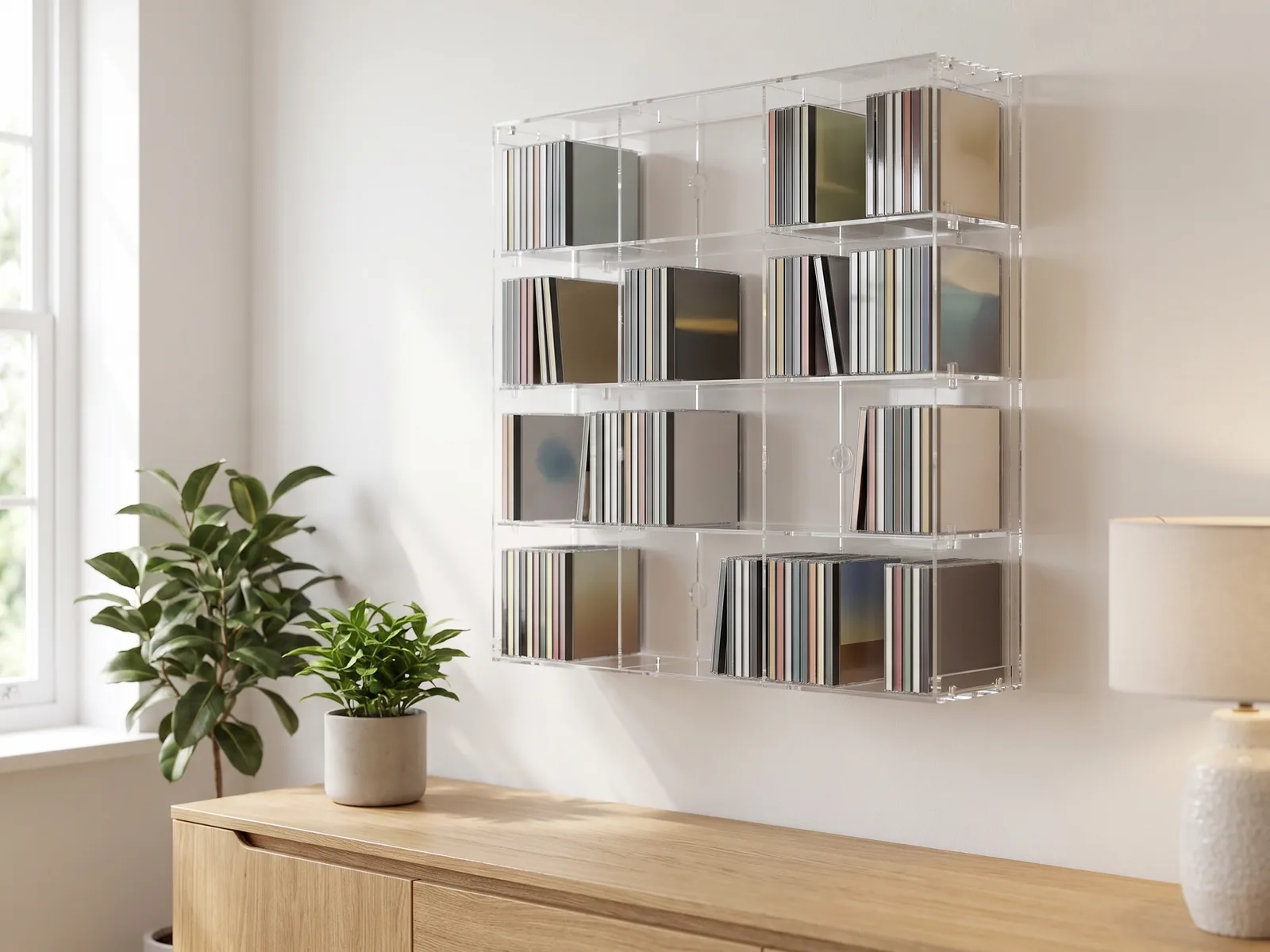 Transparentes Acryl-Regal mit CDs in einzelnen Fächern an einer Wohnzimmerwand
