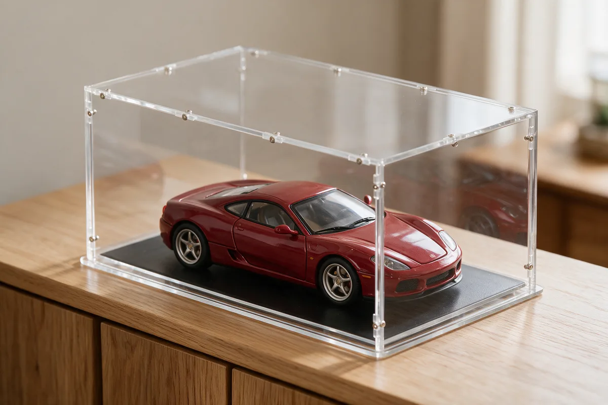 Großes 1:8-Modellauto unter einer maßgefertigten Acrylhaube in Sondergröße