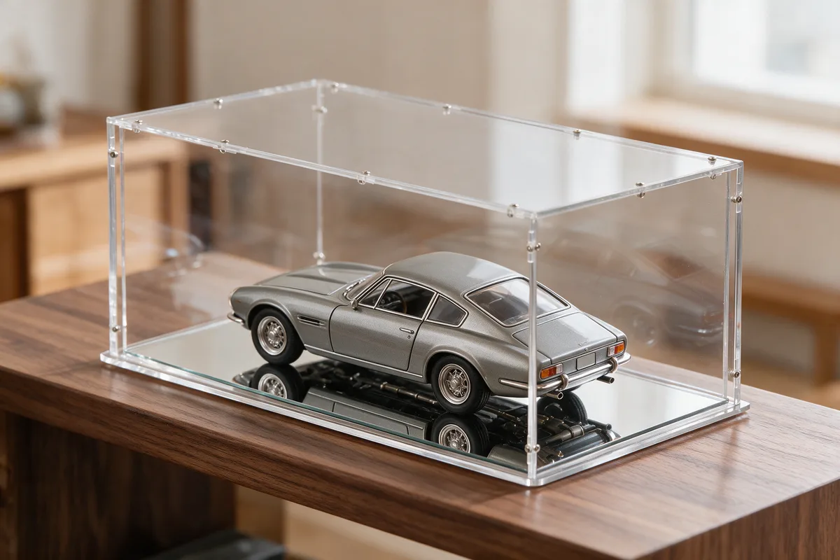 Einzelnes 1:18-Modellauto unter einer sora-Acrylhaube mit Spiegelboden