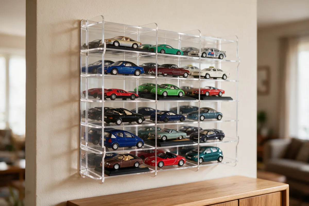 Modellautovitrine mit vielen 1:43-Modellen in einzelnen Fächern