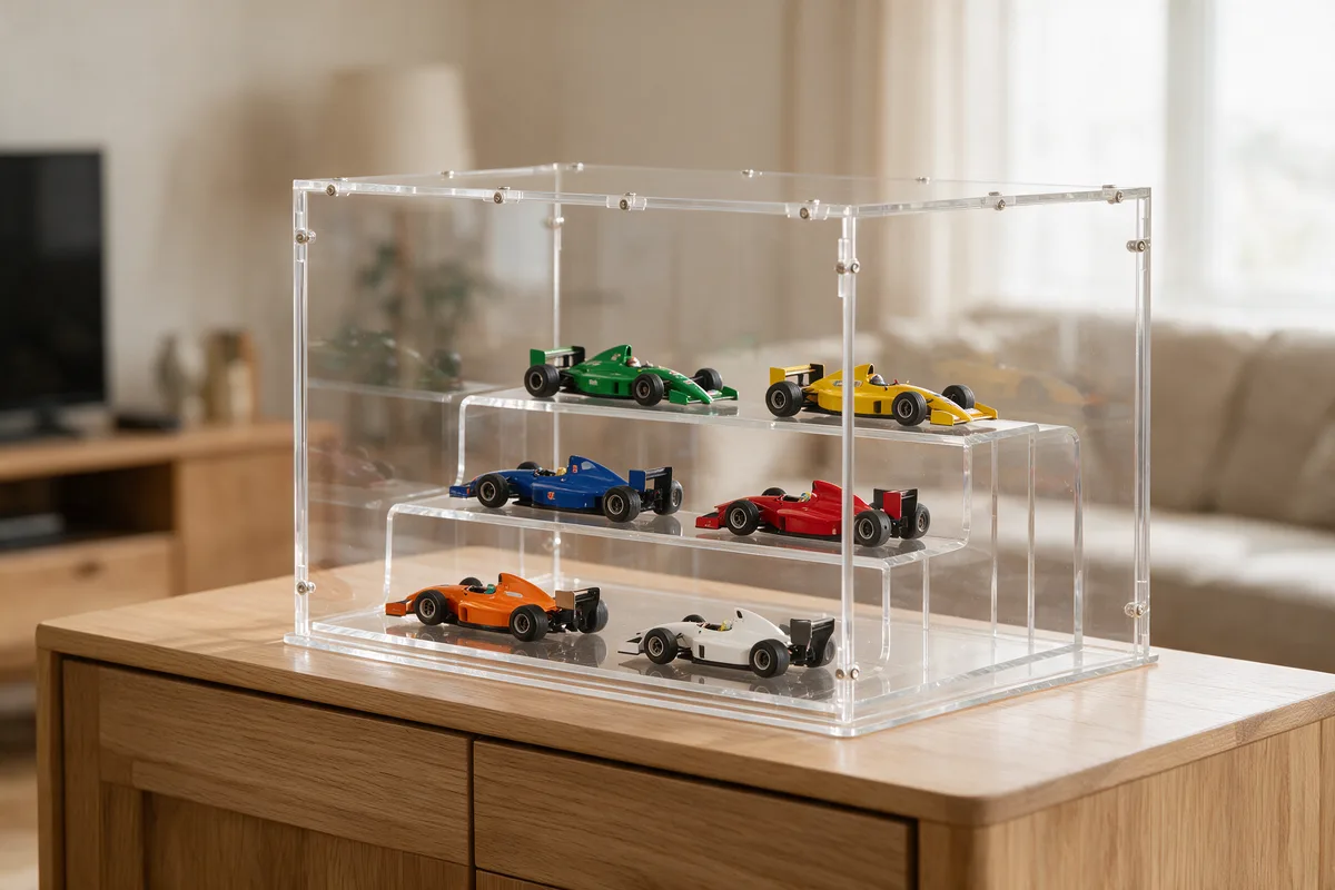 Mehrere Formel-1-Modellautos gestaffelt auf einer Acryltreppe unter einer Haube