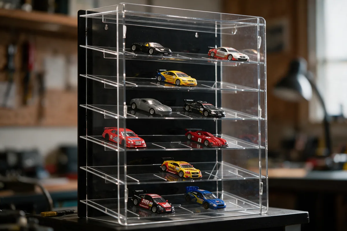 Slotcar-Vitrine mit schräg gestellten Fächern und Schlitzen für den Leitkiel