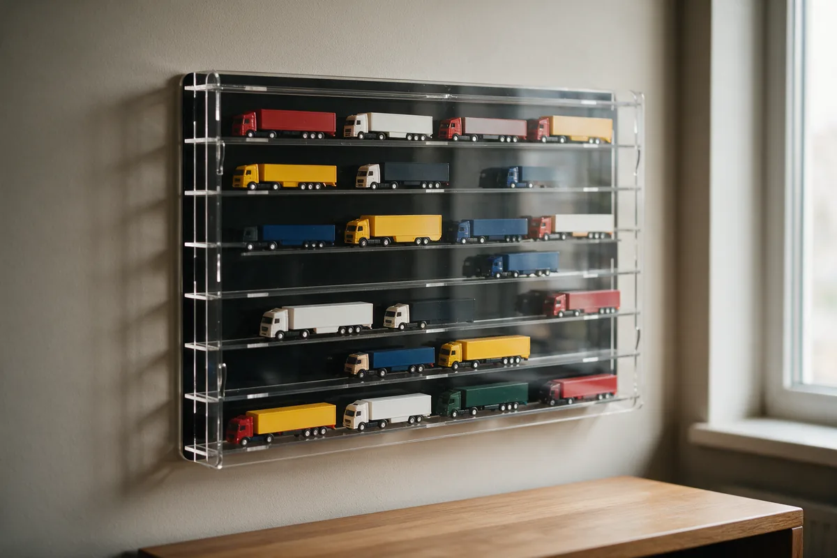 Vitrine mit langen Fächern für 1:87-Modelltrucks und Sattelzüge