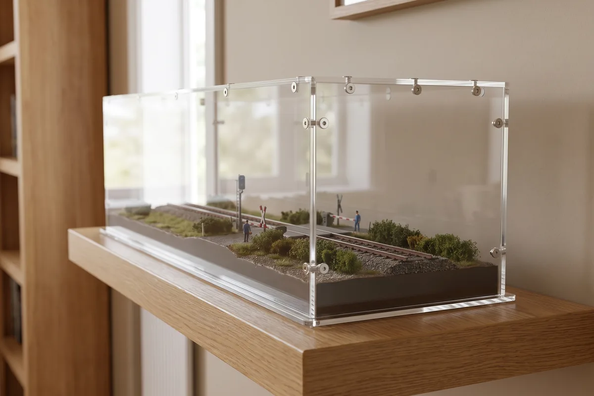 Langes schmales Modellbahn-Diorama unter einer flachen Acrylhaube