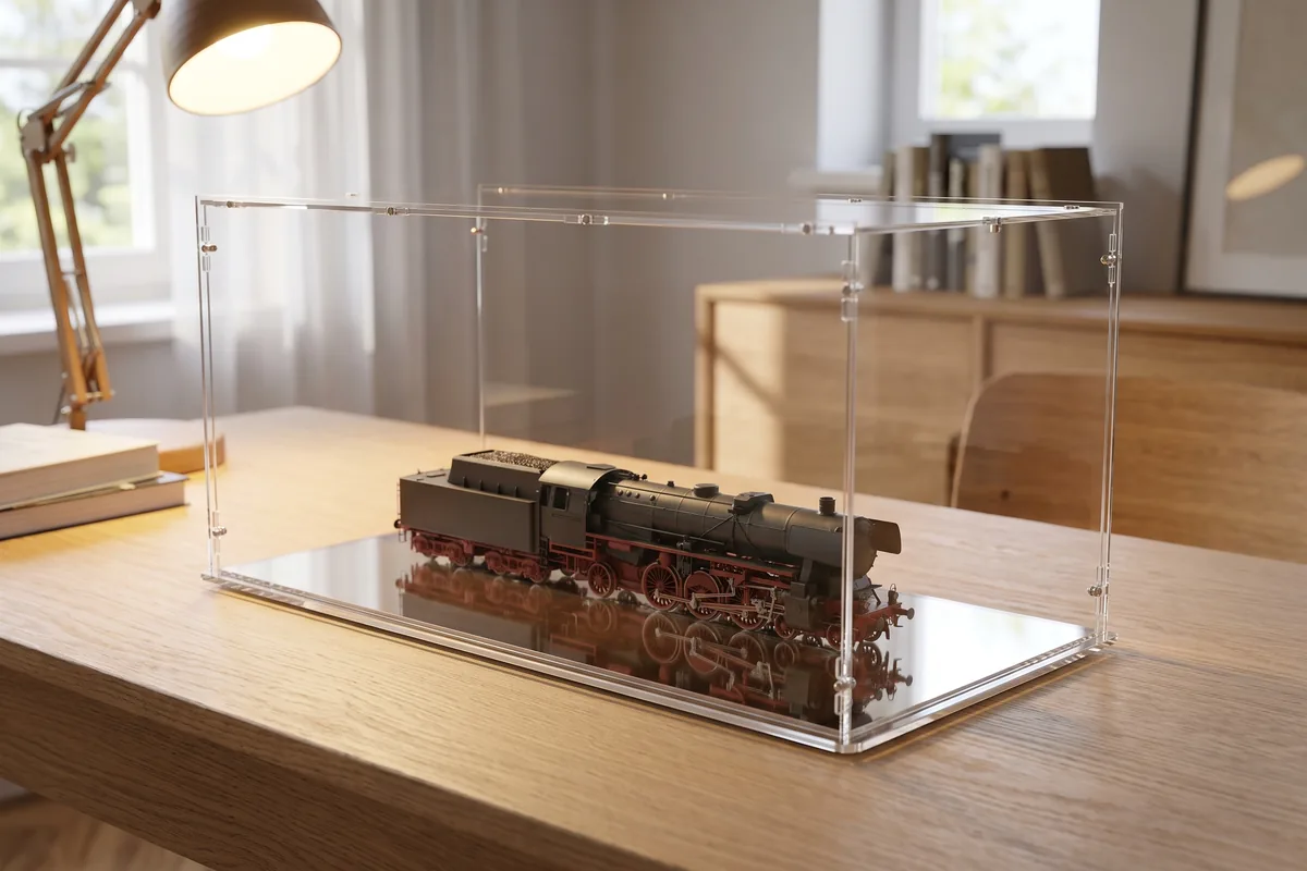 Einzelne Modellbahnlok unter einer kleinen Acrylhaube mit Spiegelboden