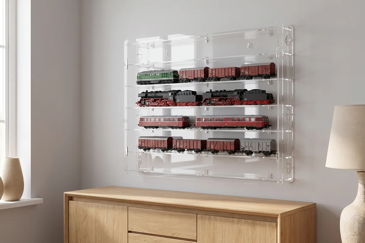 Modellbahnvitrine mit mehreren Loks und Wagen an einer Wand montiert