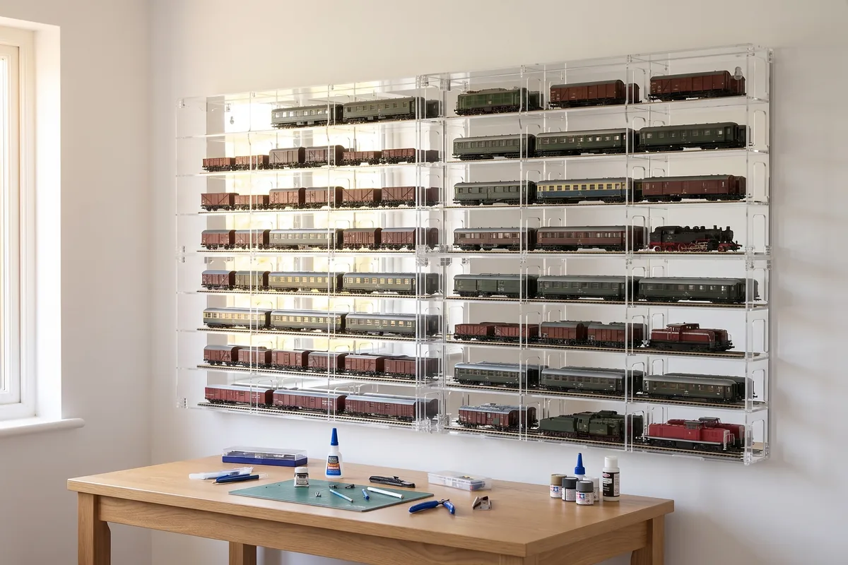 Mehrere modulare Modellbahnvitrinen zu einer großen Sammelwand verbunden