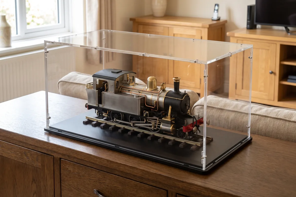 Große Spur-1-Lokomotive unter einer langen maßgefertigten Acrylhaube