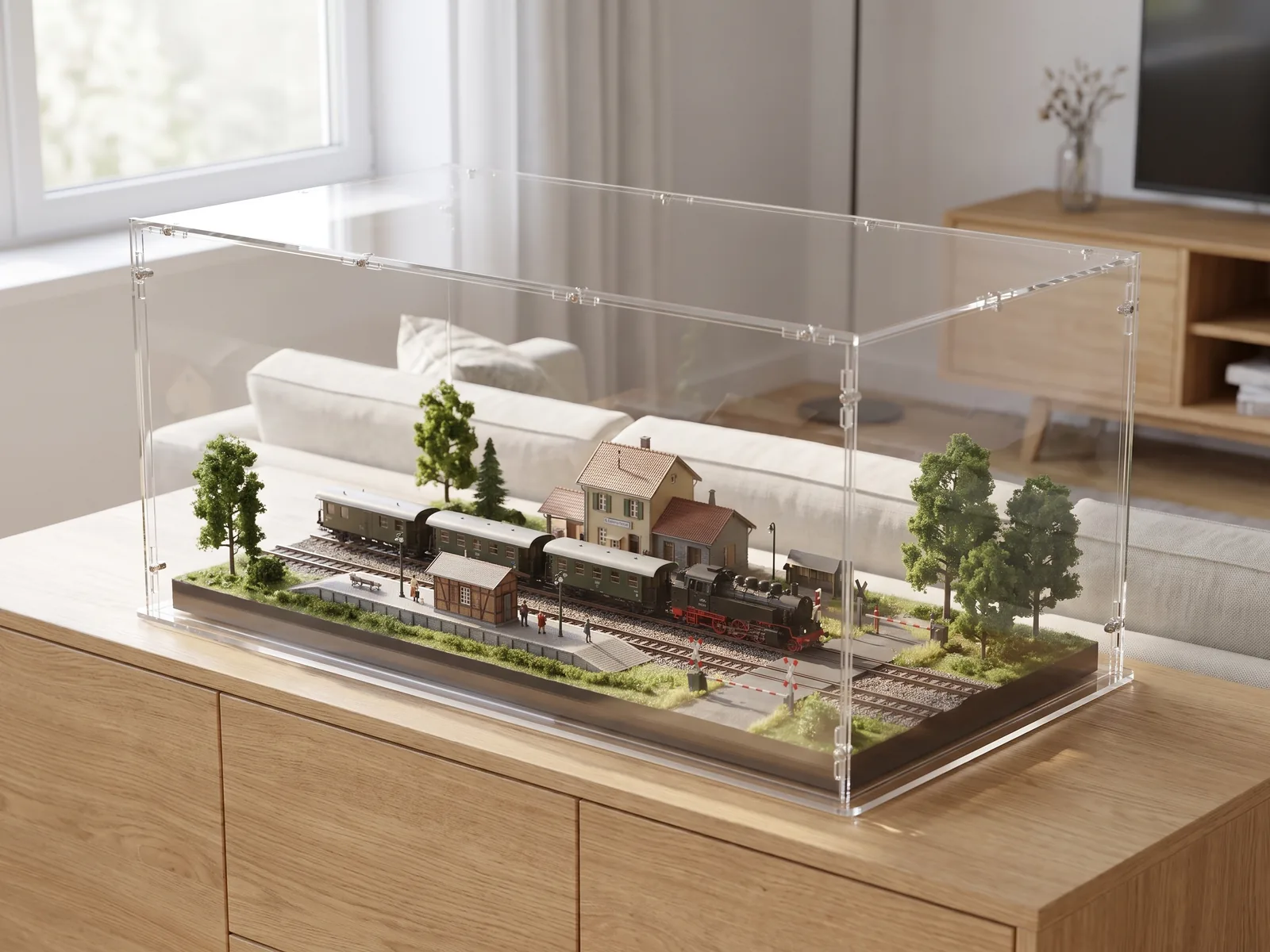 Modelleisenbahn-Diorama in Spur H0 staubgeschützt unter einer maßgefertigten Acrylhaube