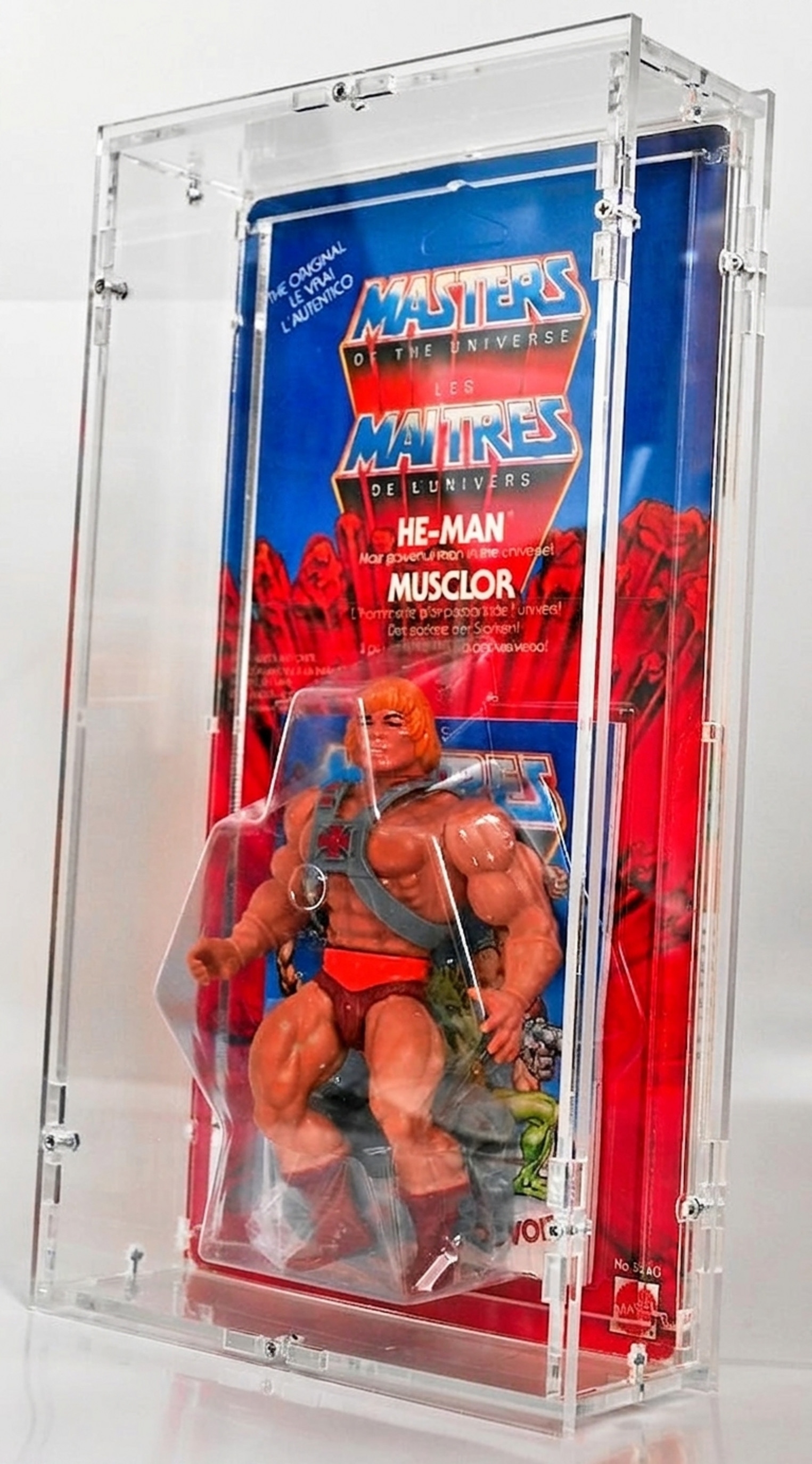 MotU Vintage He-Man aus den 80ern im Blister unter einem Sora-Acrylcase