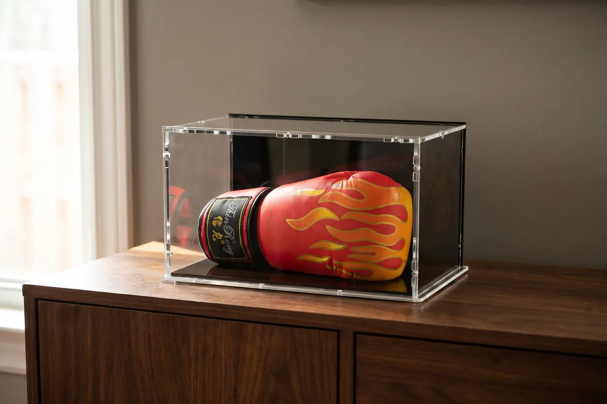 Boxhandschuh auf einem Ständer in einer Acrylvitrine mit schwarzem Boden
