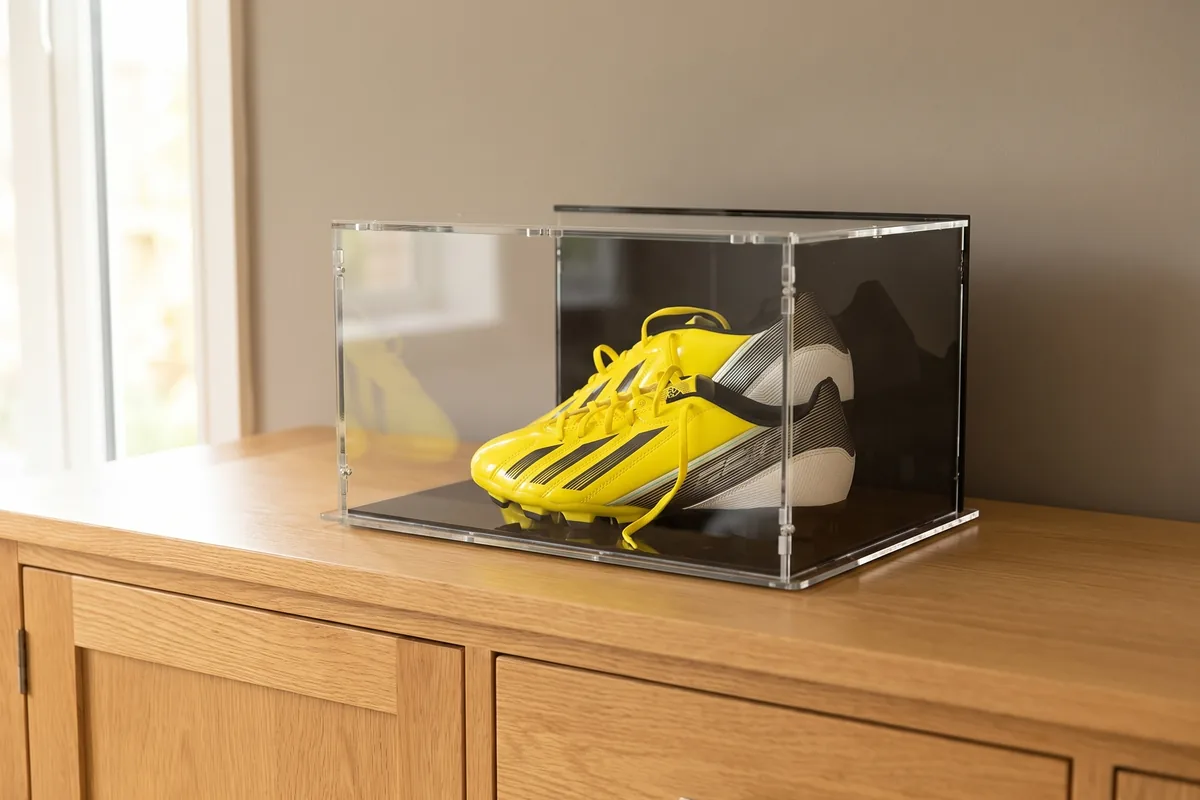 Paar Fußballschuhe auf höhenverstellbaren Ständern in einer Acrylvitrine