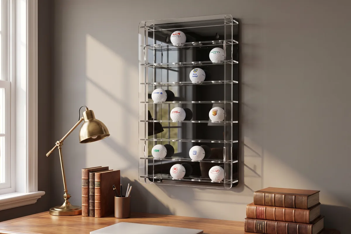 Acryl-Golfballregal mit vielen Golfbällen in einzelnen Mulden an einer Wand
