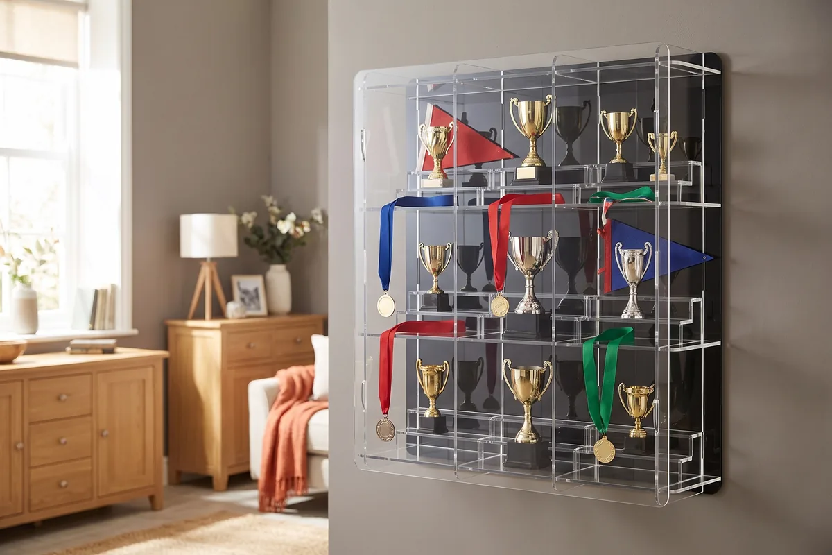 Pokale, Medaillen und Wimpel in einer Mehrfachvitrine aus Acrylglas