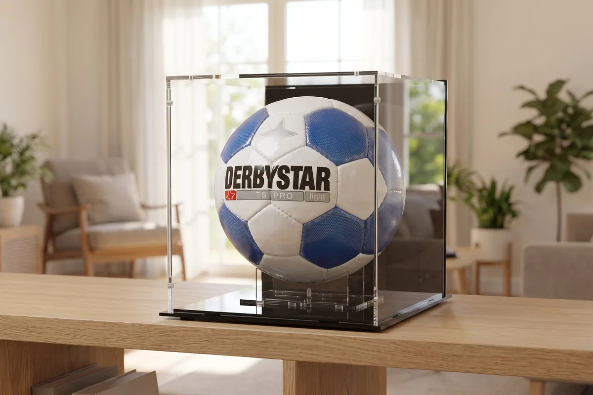 Signierter Fußball auf einem Ständer in einer Acrylvitrine mit schwarzer Rückwand