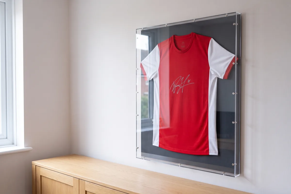Signiertes Trikot in einer flachen Acrylbox an der Wand