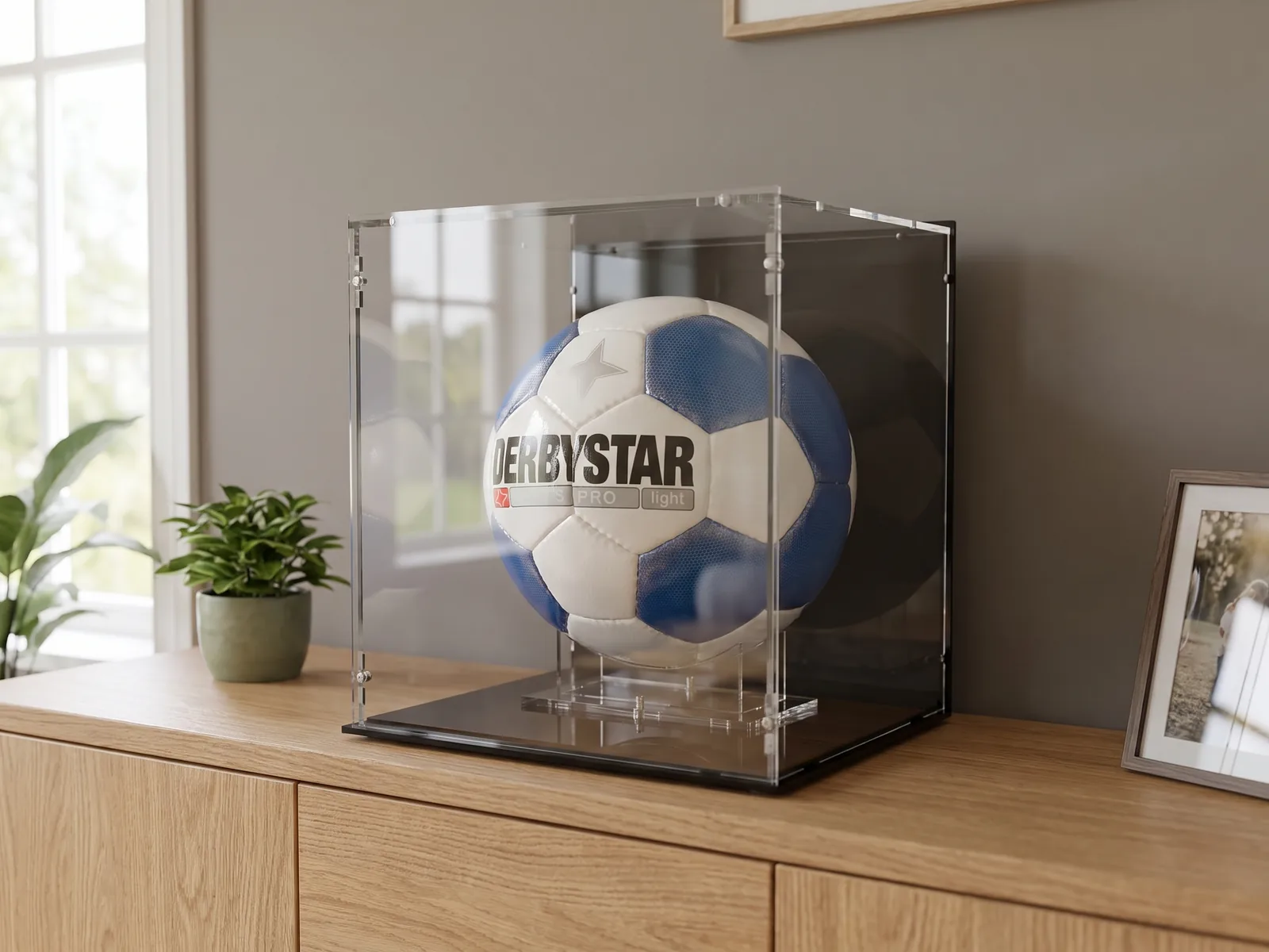 Signierter Fußball auf einem Ballständer in einer Acrylvitrine mit schwarzem Boden und schwarzer Rückwand